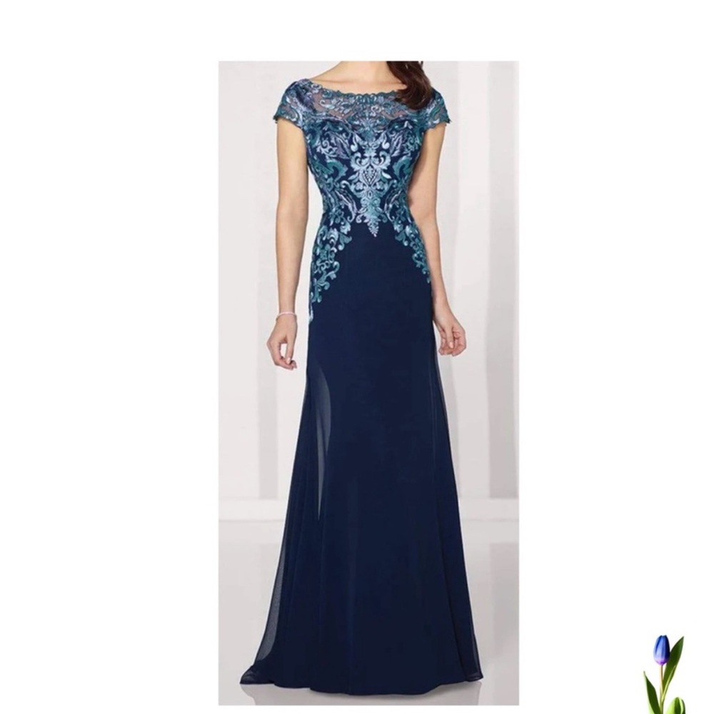 Cameron Blake Gown Dress Blue Navy / Turquoise Embroidered for Wedding Guest 8 - Picture 2 of 10